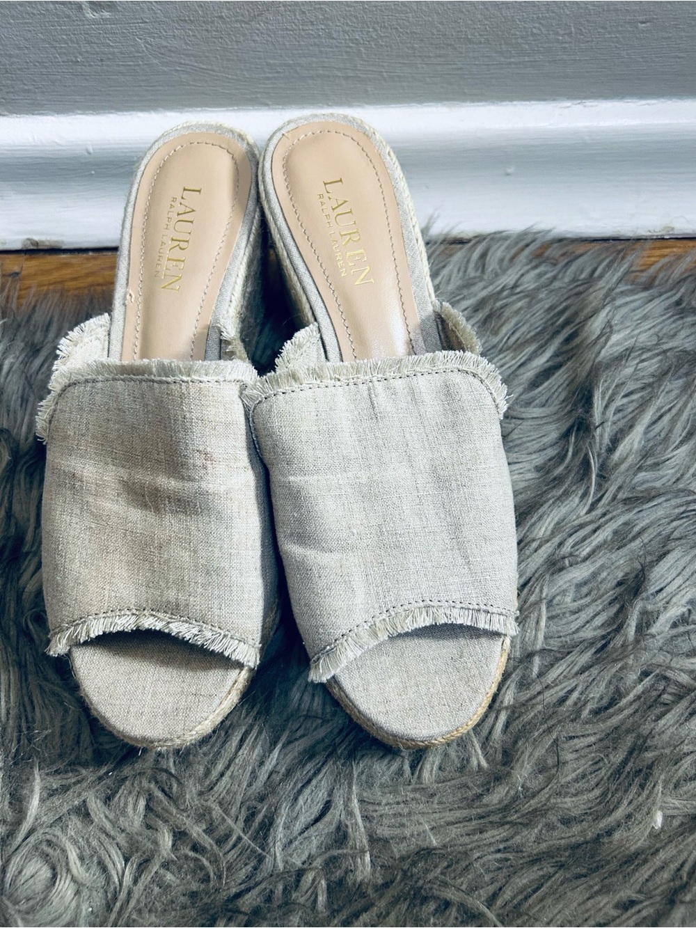 Lauren Ralph Lauren Natural Beige Linen Slide Mules